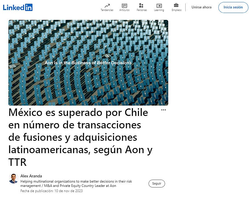 Mxico es superado por Chile en nmero de transacciones de fusiones y adquisiciones latinoamericanas, segn Aon y TTR